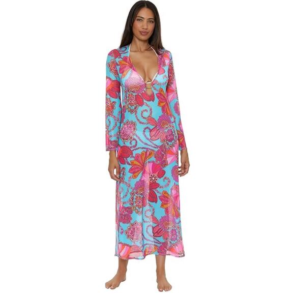NWT Trina Turk Long-Sleeve V-Neck Mesh Maxi Dress Summer A-Line Swim Cover-Up M - Picture 2 of 5